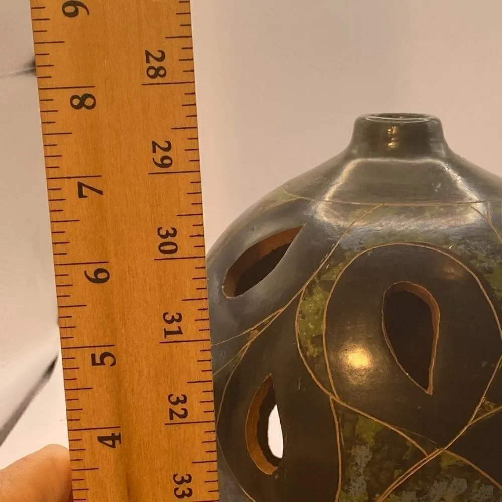 Vintage Green and Grey Nicaraguan Lattice Pierced Pottery Luminary Candle